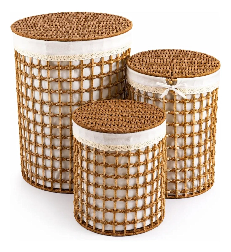 SET DE 3 CANASTOS ORGANIZADORES DE RATAN CON TAPA Y FORRO INTERIOR - 5