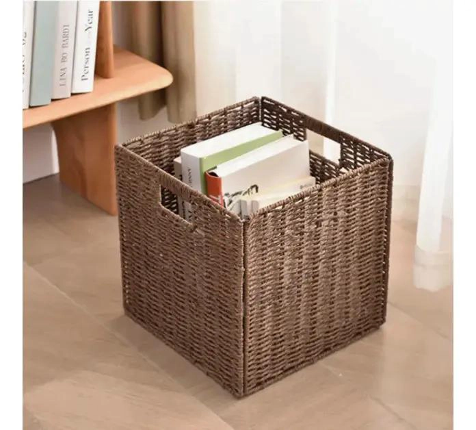 CANASTO DECORATIVO DE MIMBRE PLEGABLE CON ASAS MARRON PARA ALMACENAMIENTO - 2
