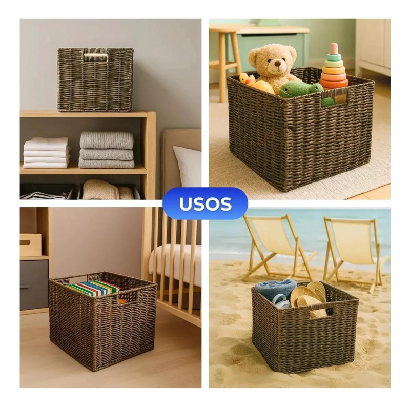 CANASTO DECORATIVO DE MIMBRE PLEGABLE CON ASAS MARRON PARA ALMACENAMIENTO - 4