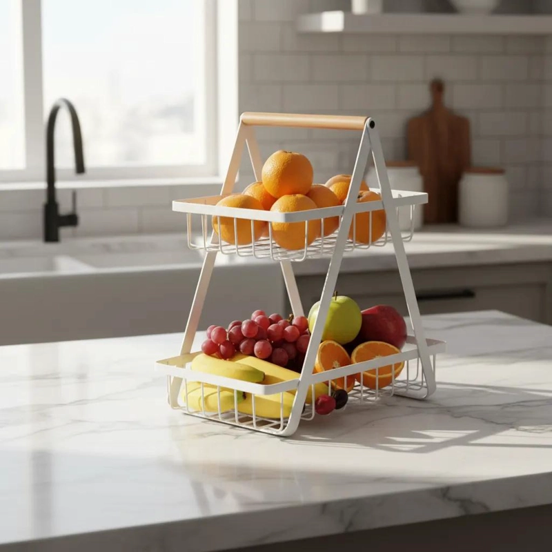 FRUTERO DE MESA CON CANASTO DE DOS NIVELES PARA FRUTAS Y COCINA - 2