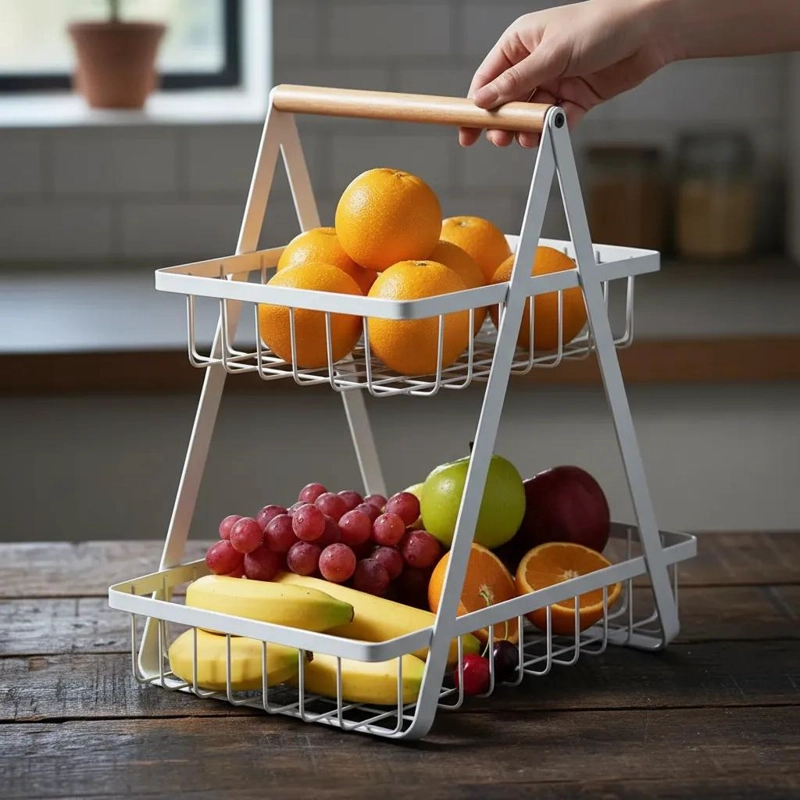 FRUTERO DE MESA CON CANASTO DE DOS NIVELES PARA FRUTAS Y COCINA - 4
