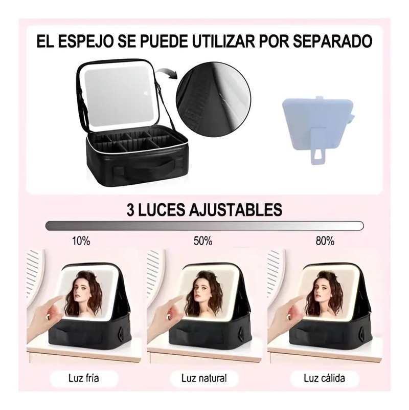 BOLSO GRANDE PARA MAQUILLAJE CON LUZ LED INTEGRADA Y COMPARTIMENTOS - 3