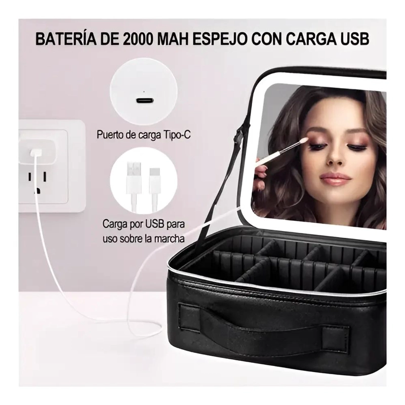 BOLSO GRANDE PARA MAQUILLAJE CON LUZ LED INTEGRADA Y COMPARTIMENTOS - 4
