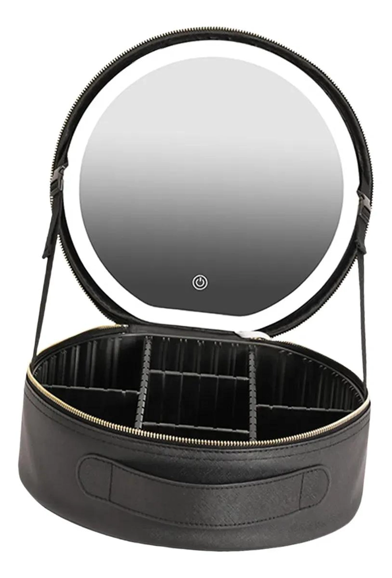 COSMETIQUERA REDONDA CON ESPEJO INTEGRADO Y LUZ LED PARA MAQUILLAJE - 1