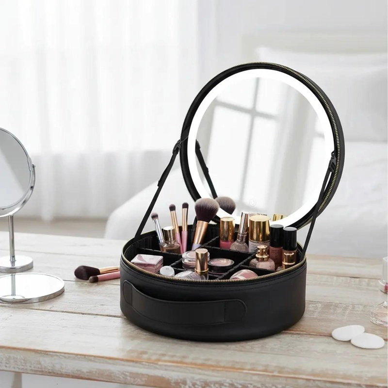 COSMETIQUERA REDONDA CON ESPEJO INTEGRADO Y LUZ LED PARA MAQUILLAJE - 4