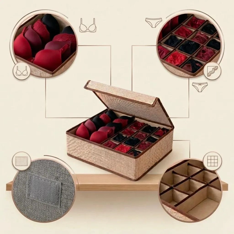 CAJA ORGANIZADORA PARA ROPA INTERIOR FEMENINA CON DIVISIONES BEIGE - 3