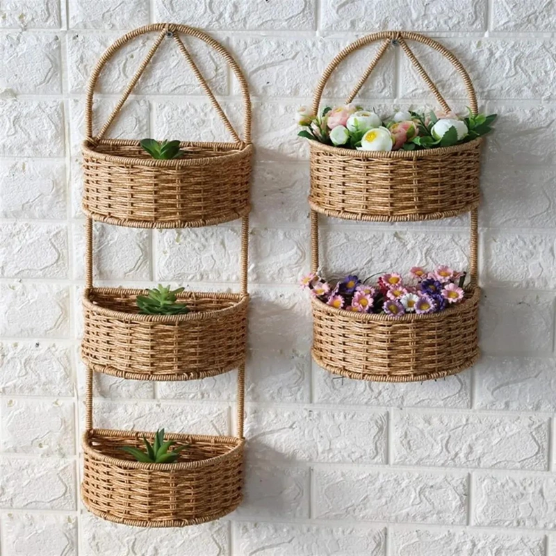 CESTA DE PARED DE MIMBRE CON TRES NIVELES PARA DECORACION - 2