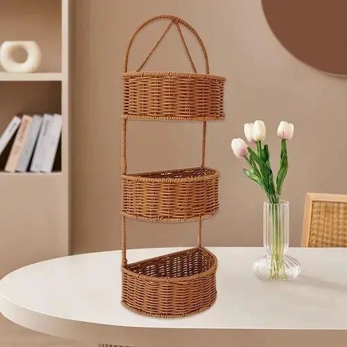 CESTA DE PARED DE MIMBRE CON TRES NIVELES PARA DECORACION - 3