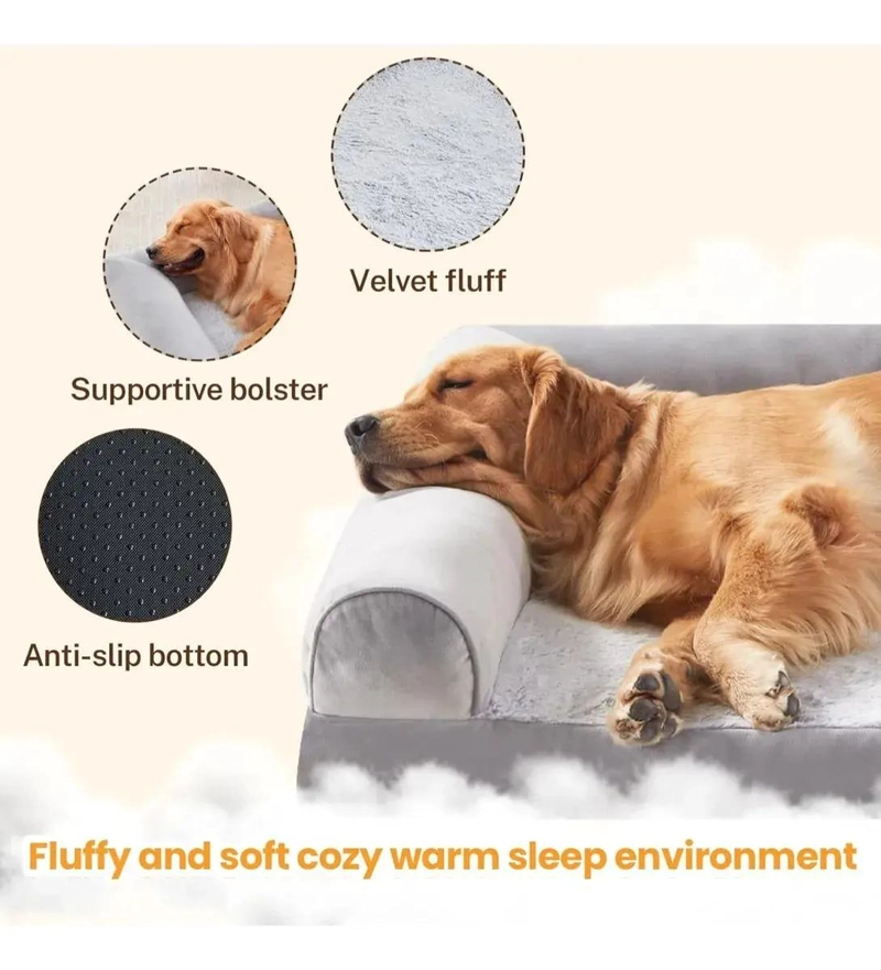 CAMA EN FORMA DE L PARA PERROS DE RAZA GRANDE CON COLCHON SUAVE Y LAVABLE - 3