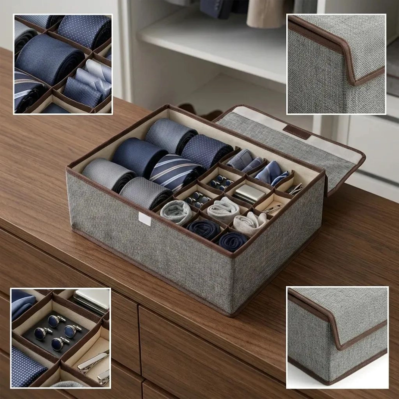 ORGANIZADOR PARA CORBATAS Y ACCESORIOS CON COMPARTIMENTOS MULTIPLES GRIS - 3
