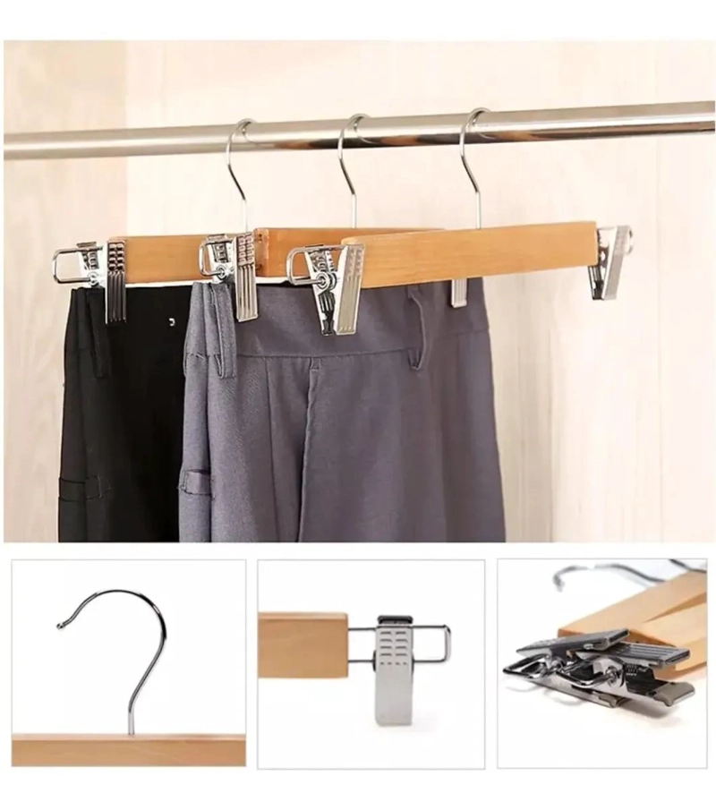 SET DE 15 COLGADORES DE MADERA CON GANCHO METALICO PARA PANTALONES - 3