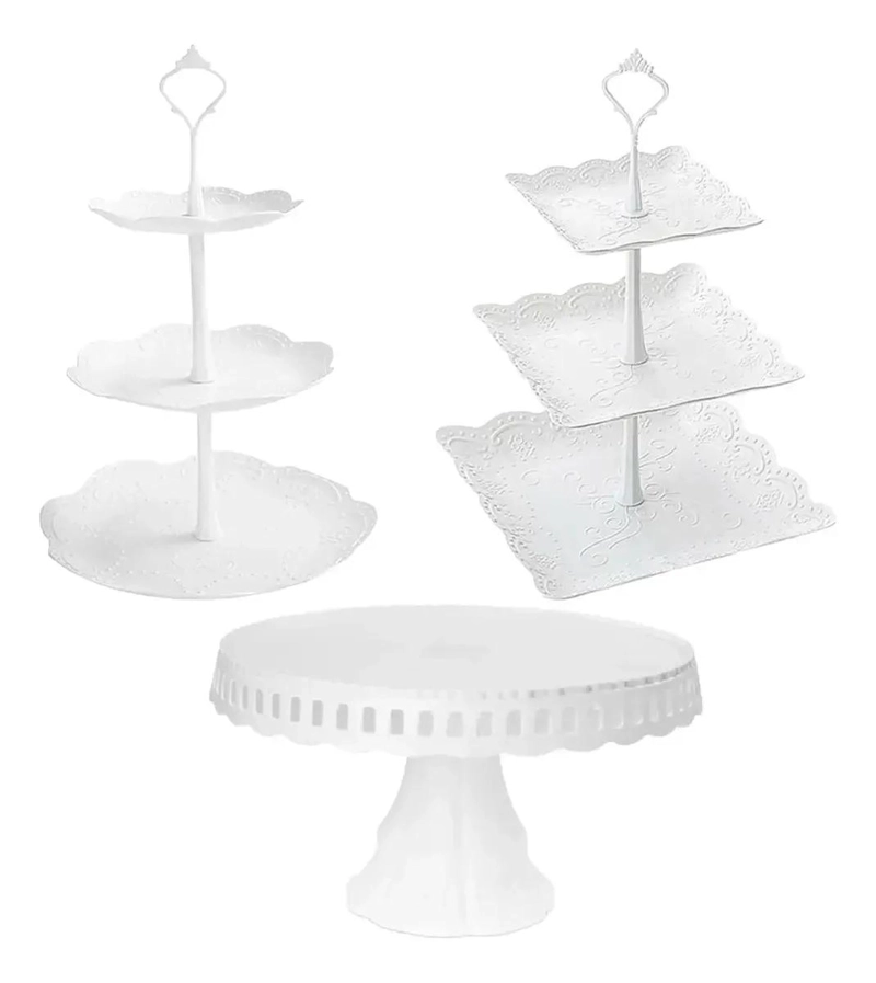 SET DE TRES PORTA CUPCAKES REDONDOS CON BASE PARA TORTA - 1