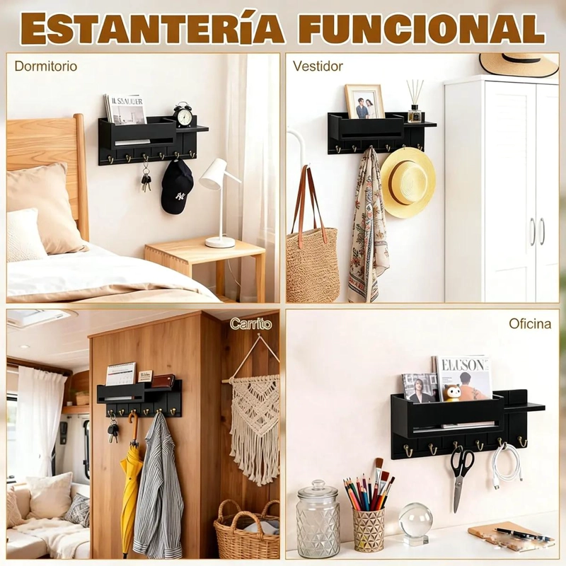 ORGANIZADOR DE PARED MODERNO CON PORTALLAVES Y REPISA INTEGRADA - 5