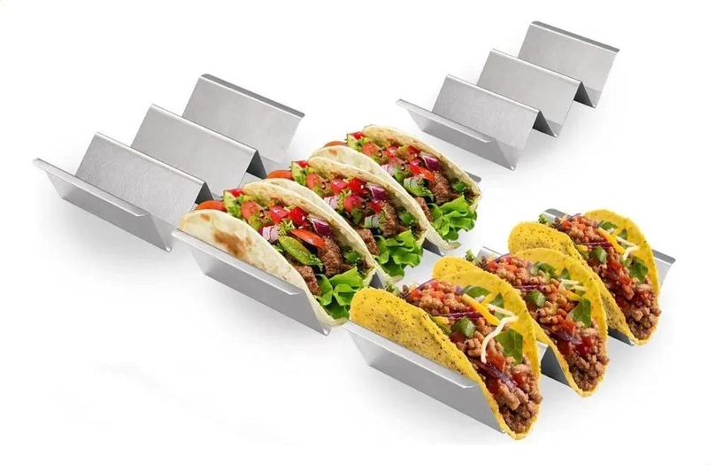 SOPORTE Y BANDEJA DE ACERO INOXIDABLE PARA TACOS 3 O 4 UNIDADES - 1