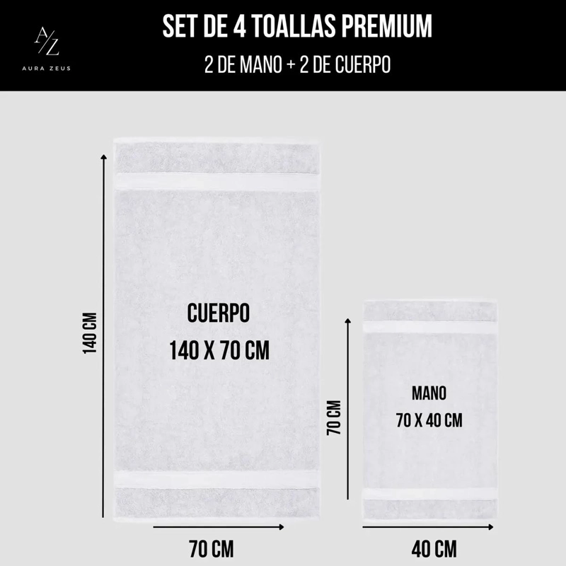 SET DE 4 TOALLAS DE BAÑO DE ALGODON 500 GRAMOS CUERPO MANO GRANDE AZUL - 2