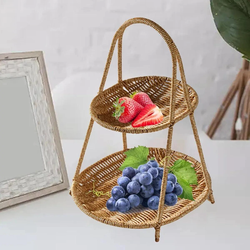 BANDEJA DECORATIVA DE MIMBRE CON DOS NIVELES PARA FRUTAS Y COCINA - 3