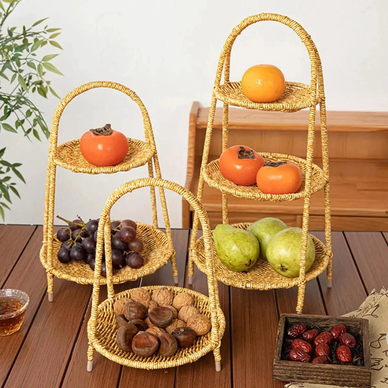 BANDEJA DECORATIVA DE MIMBRE CON DOS NIVELES PARA FRUTAS Y COCINA - 4