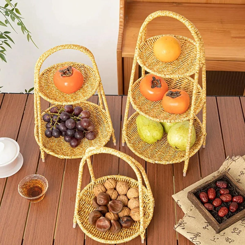 BANDEJA DECORATIVA DE MIMBRE CON DOS NIVELES PARA FRUTAS Y COCINA - 5