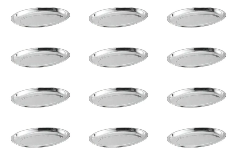 SET DE 12 BANDEJAS OVALADAS DE ACERO PLATEADO PARA SERVIR ALIMENTOS - 1