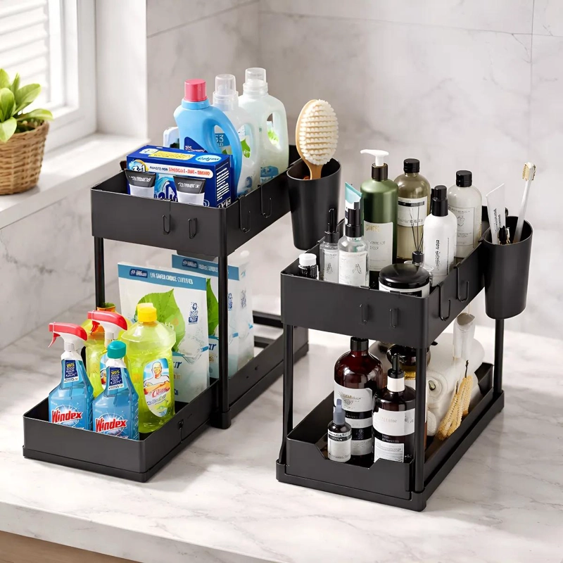 ORGANIZADOR DESLIZABLE PARA BAJO FREGADERO CON 2 NIVELES PARA BAÑO Y HOGAR - 1