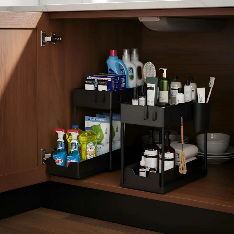 ORGANIZADOR DESLIZABLE PARA BAJO FREGADERO CON 2 NIVELES PARA BAÑO Y HOGAR - 2