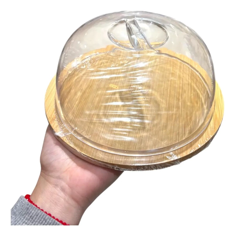 SOPORTE PARA PASTEL CON CAPSULA DE PLASTICO Y BANDEJA DE BAMBU - 2