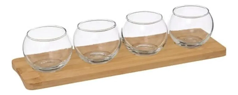 SET DE APERITIVO CON 5 PIEZAS DE VIDRIO Y BANDEJA DE BAMBU - 1