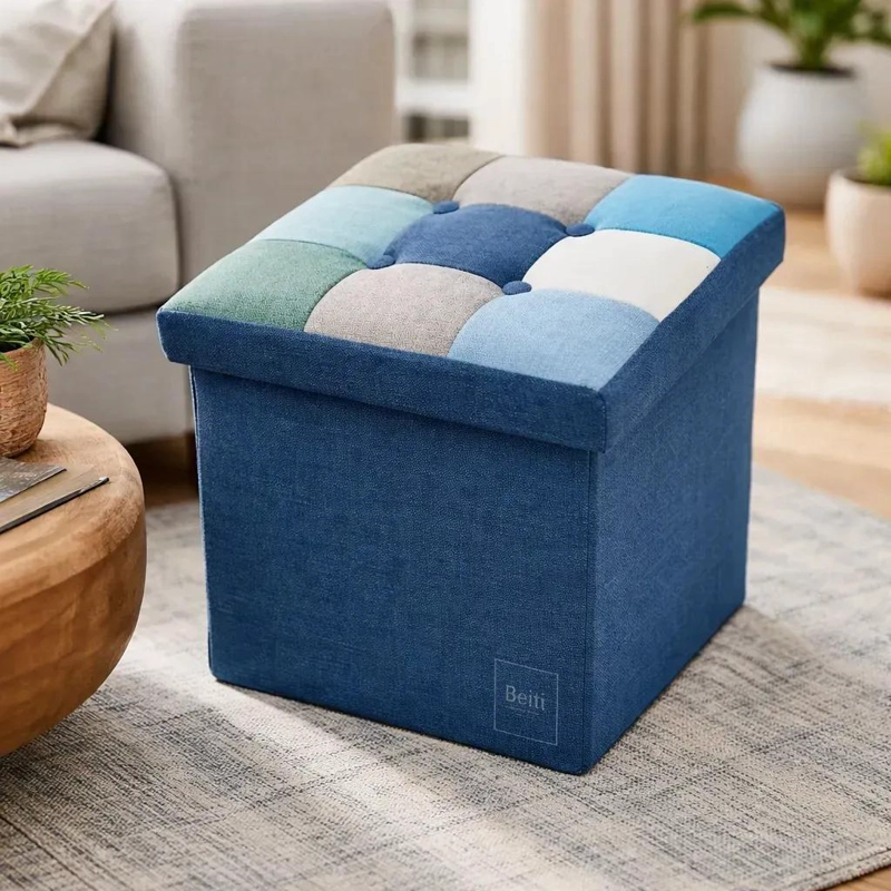 PUFF BAUL PLEGABLE ORGANIZADOR DE TELA MIX AZUL 38X38 CM - 1