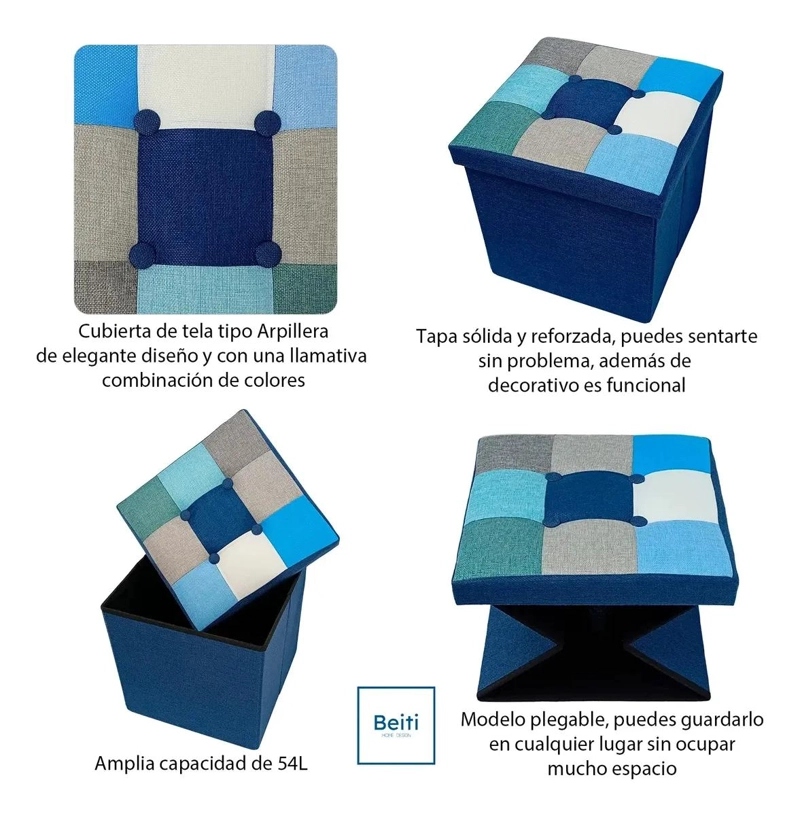 PUFF BAUL PLEGABLE ORGANIZADOR DE TELA MIX AZUL 38X38 CM - 3
