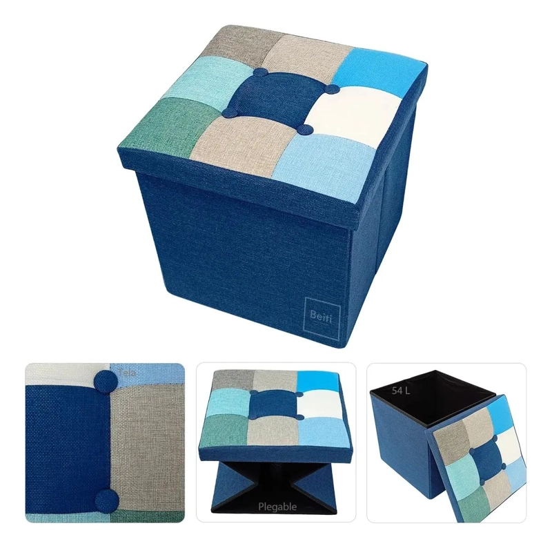 PUFF BAUL PLEGABLE ORGANIZADOR DE TELA MIX AZUL 38X38 CM - 4