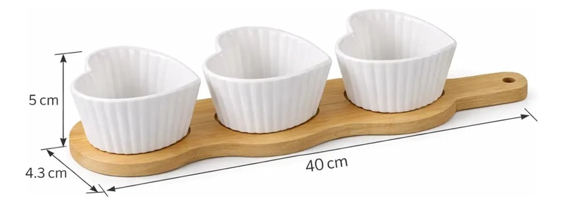 SET DE 3 POCILLOS DE CERAMICA CON DISEÑO DE CORAZON Y BANDEJA DE MADERA PARA PIC - 2