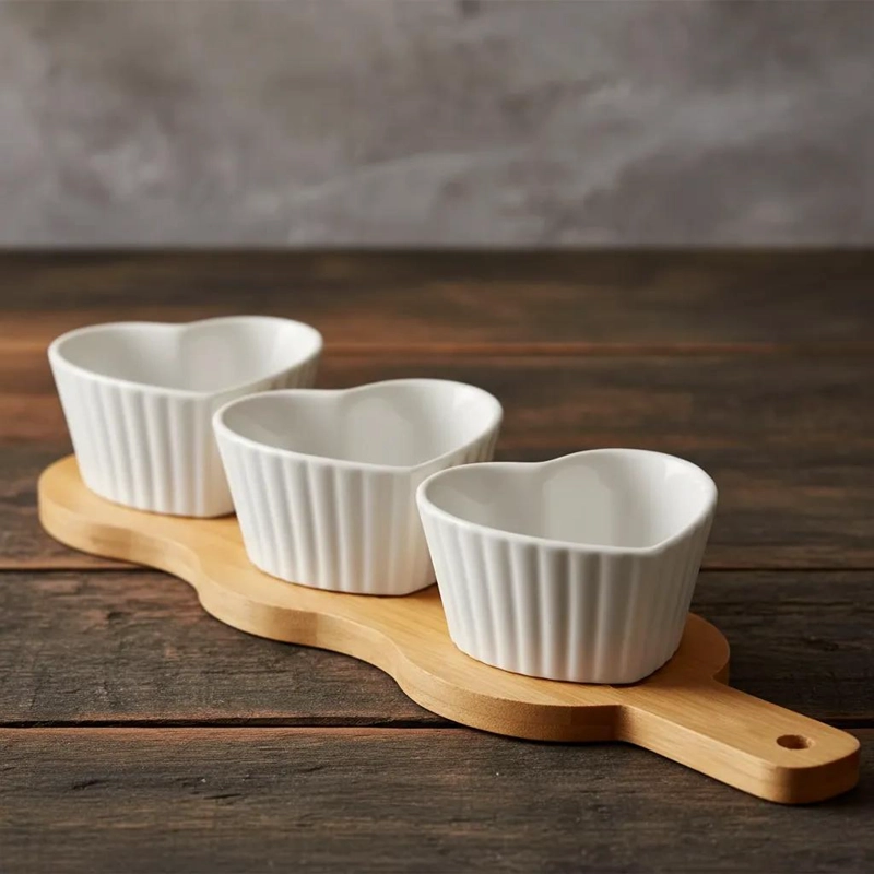 SET DE 3 POCILLOS DE CERAMICA CON DISEÑO DE CORAZON Y BANDEJA DE MADERA PARA PIC - 3