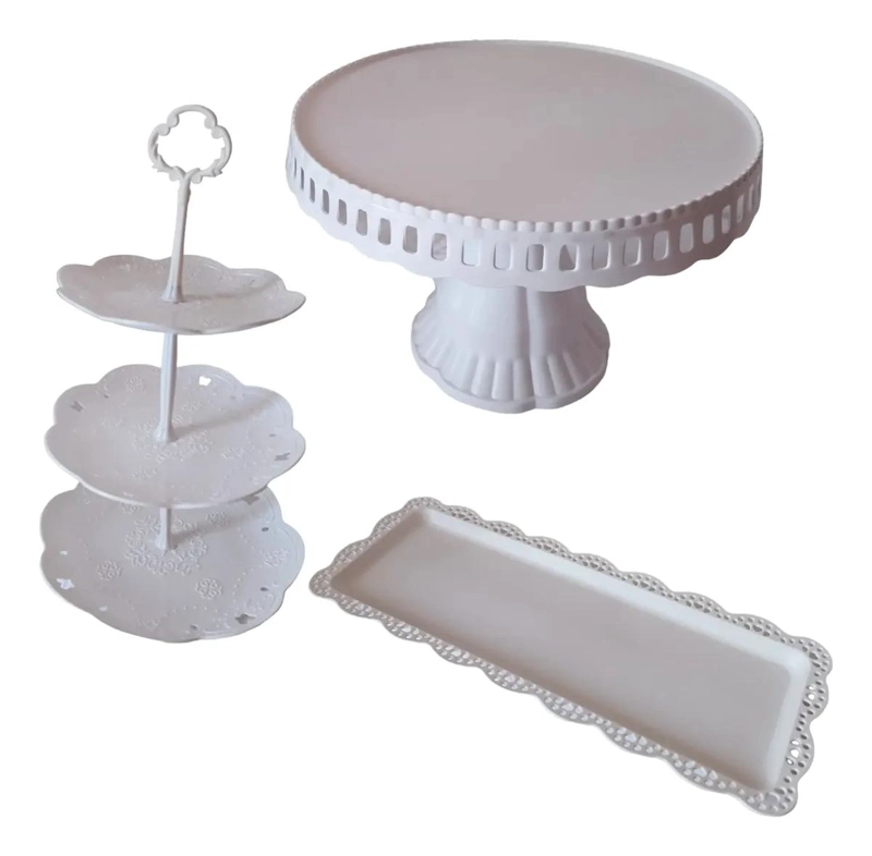 SET DE 3 PIEZAS PARA PRESENTACION DE POSTRES CON PORTA TORTA Y BANDEJA - 1