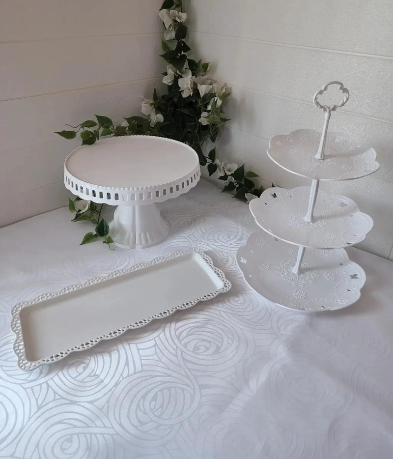 SET DE 3 PIEZAS PARA PRESENTACION DE POSTRES CON PORTA TORTA Y BANDEJA - 2