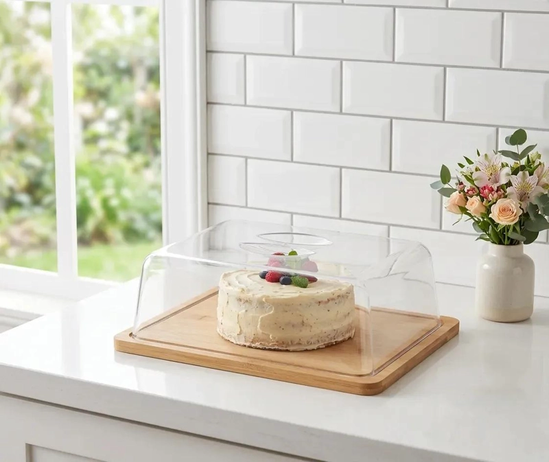 BASE RECTANGULAR DE MADERA PARA TORTAS CON CUPULA ACRILICA - 4