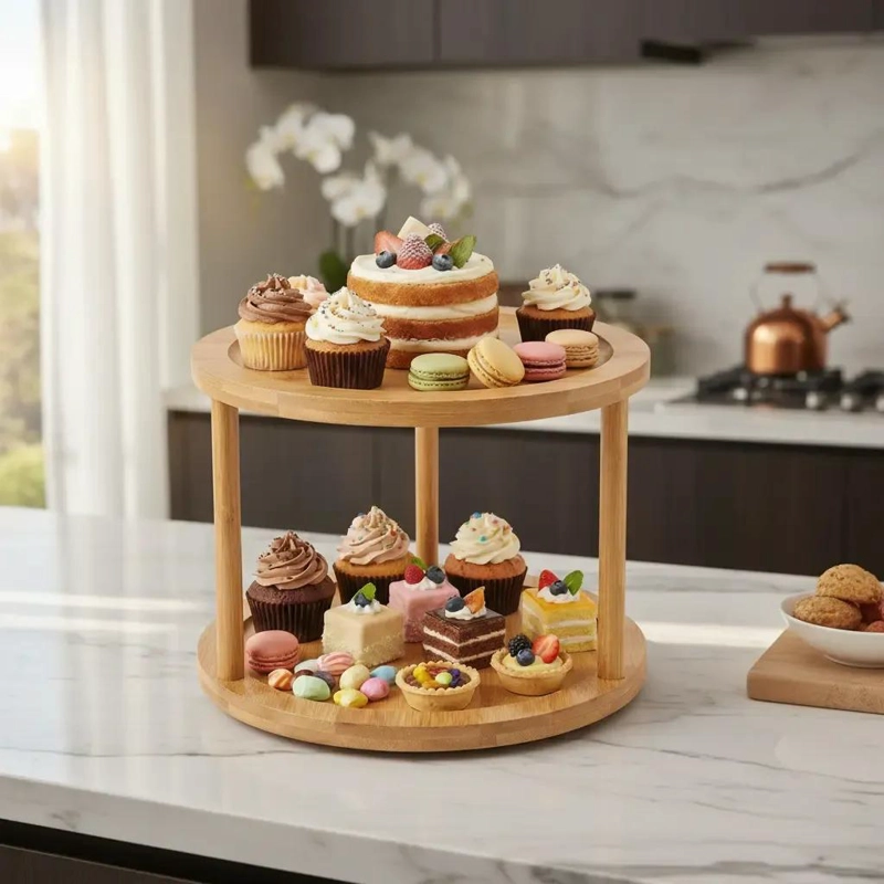 PORTA CUPCAKE GIRATORIO DE BAMBU CON ESTANTE ORGANIZADOR PARA DULCES - 1