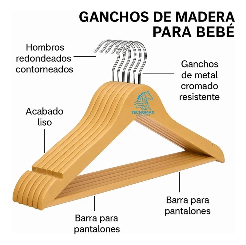 PACK DE 10 COLGADORES DE MADERA PARA ROPA DE BEBE  RESISTENTES Y SEGUROS - 4