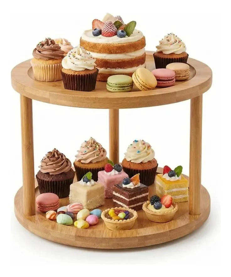 SOPORTE GIRATORIO PARA CUPCAKES Y DULCES EN BAMBU NATURAL - 1