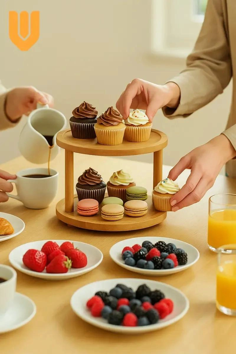 SOPORTE GIRATORIO PARA CUPCAKES Y DULCES EN BAMBU NATURAL - 3