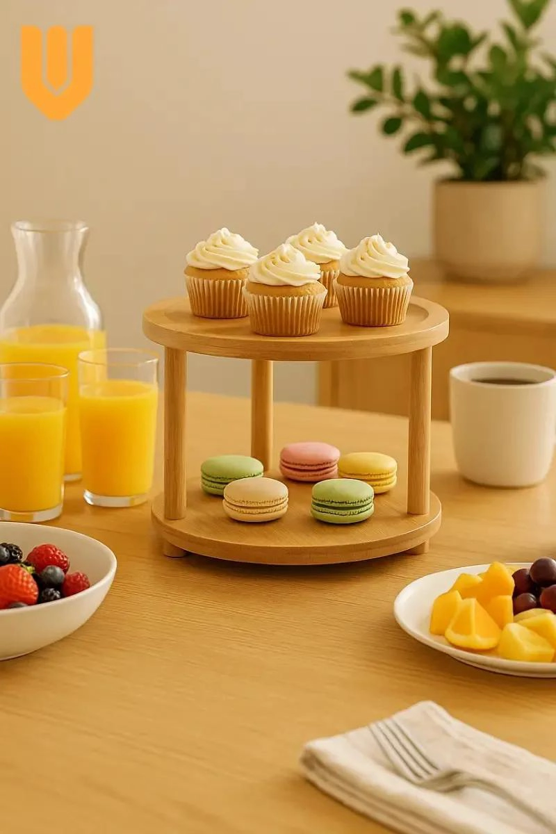 SOPORTE GIRATORIO PARA CUPCAKES Y DULCES EN BAMBU NATURAL - 4