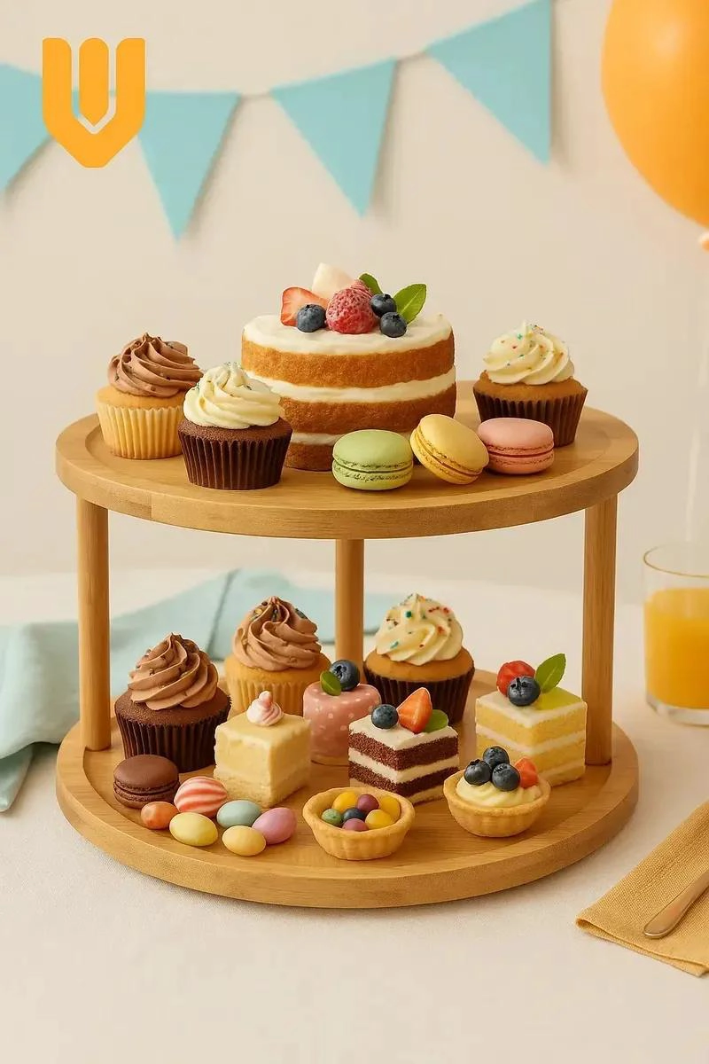 SOPORTE GIRATORIO PARA CUPCAKES Y DULCES EN BAMBU NATURAL - 5