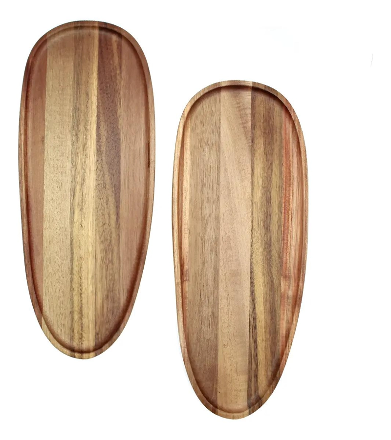 SET DE 2 TABLAS BANDEJA OVALADA RUSTICA DE MADERA DE ACACIA - 1