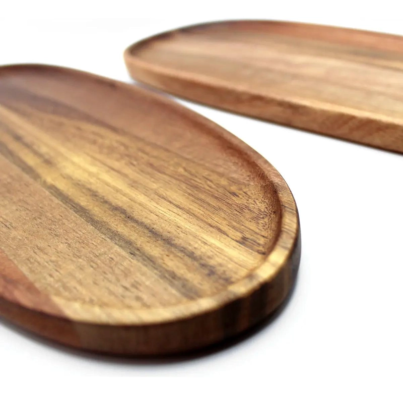 SET DE 2 TABLAS BANDEJA OVALADA RUSTICA DE MADERA DE ACACIA - 2