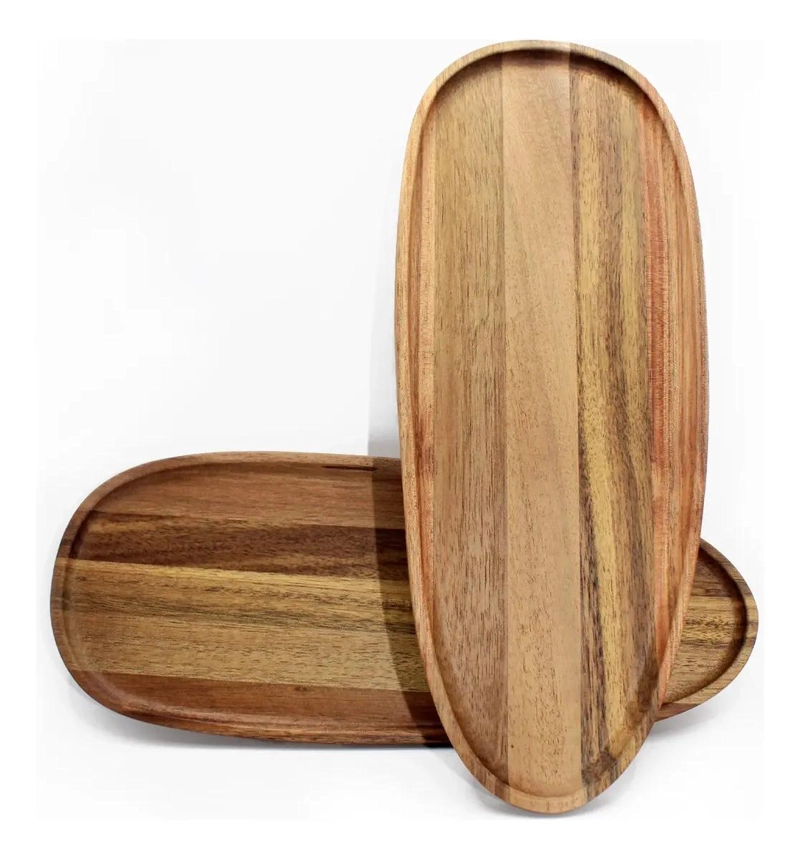 SET DE 2 TABLAS BANDEJA OVALADA RUSTICA DE MADERA DE ACACIA - 4