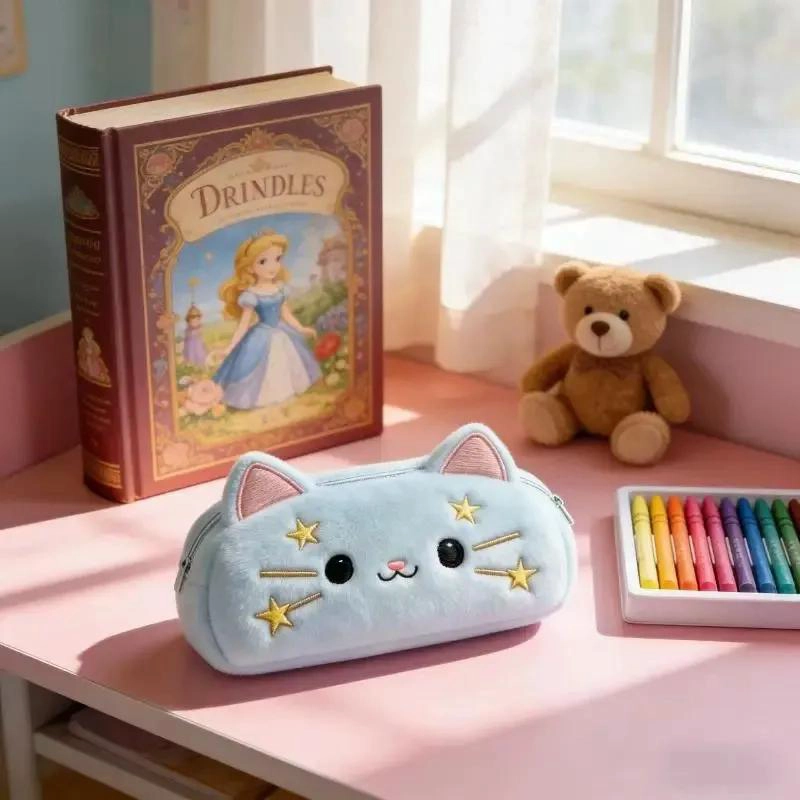 ESTUCHE COSMETIQUERO DE PELUCHE AZUL CON DISEÑO DE GATITO KAWAII - 2