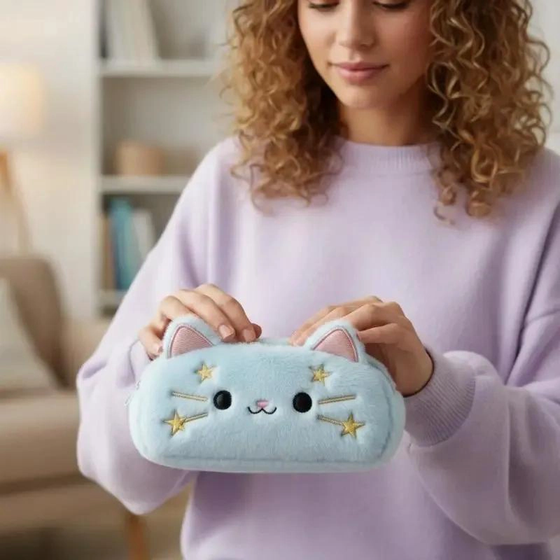 ESTUCHE COSMETIQUERO DE PELUCHE AZUL CON DISEÑO DE GATITO KAWAII - 3