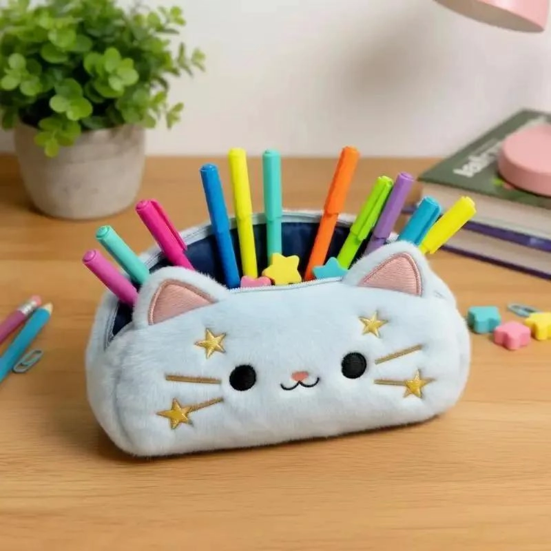 ESTUCHE COSMETIQUERO DE PELUCHE AZUL CON DISEÑO DE GATITO KAWAII - 4