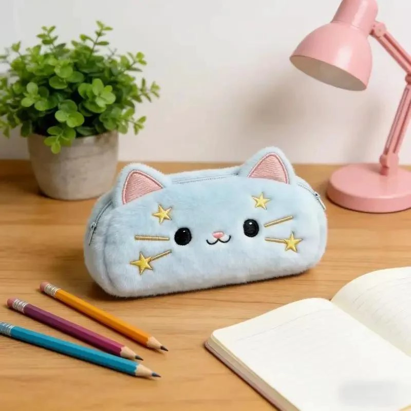 ESTUCHE COSMETIQUERO DE PELUCHE AZUL CON DISEÑO DE GATITO KAWAII - 5