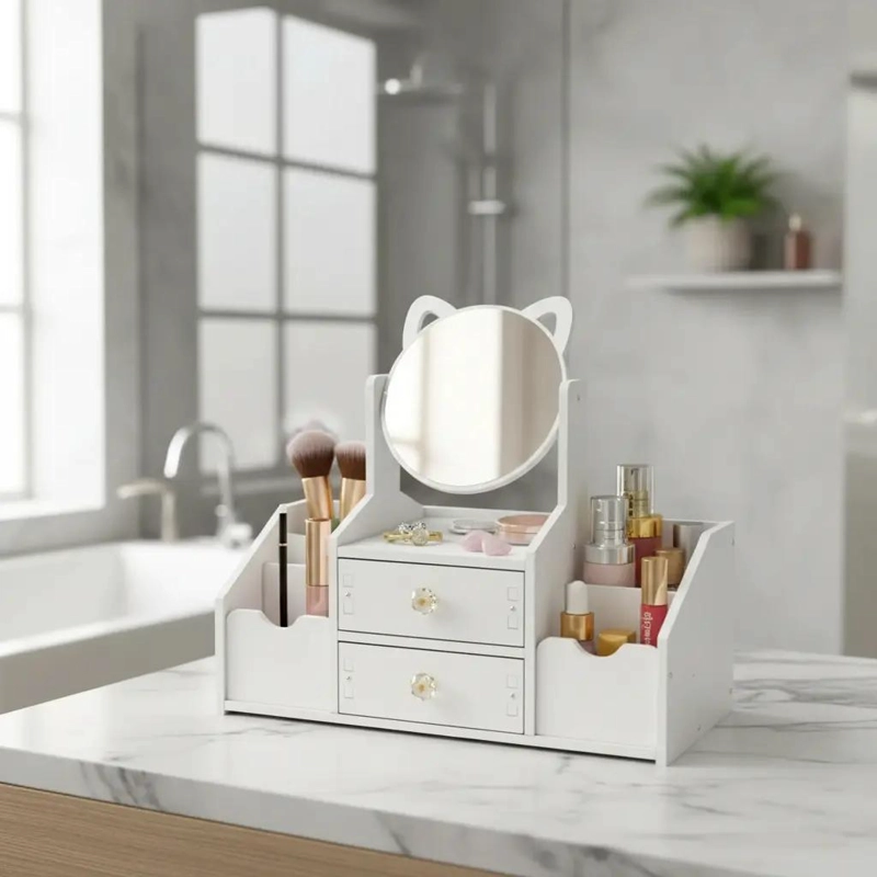 ORGANIZADOR COSME TICO CON ESPEJO Y DISEÑO DE OREJAS DE GATO COLOR BLANCO - 1