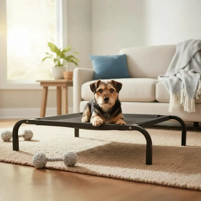 CAMA PARA MASCOTA CON ESTRUCTURA DE ACERO Y MALLA NEGRA RESISTENTE - 3
